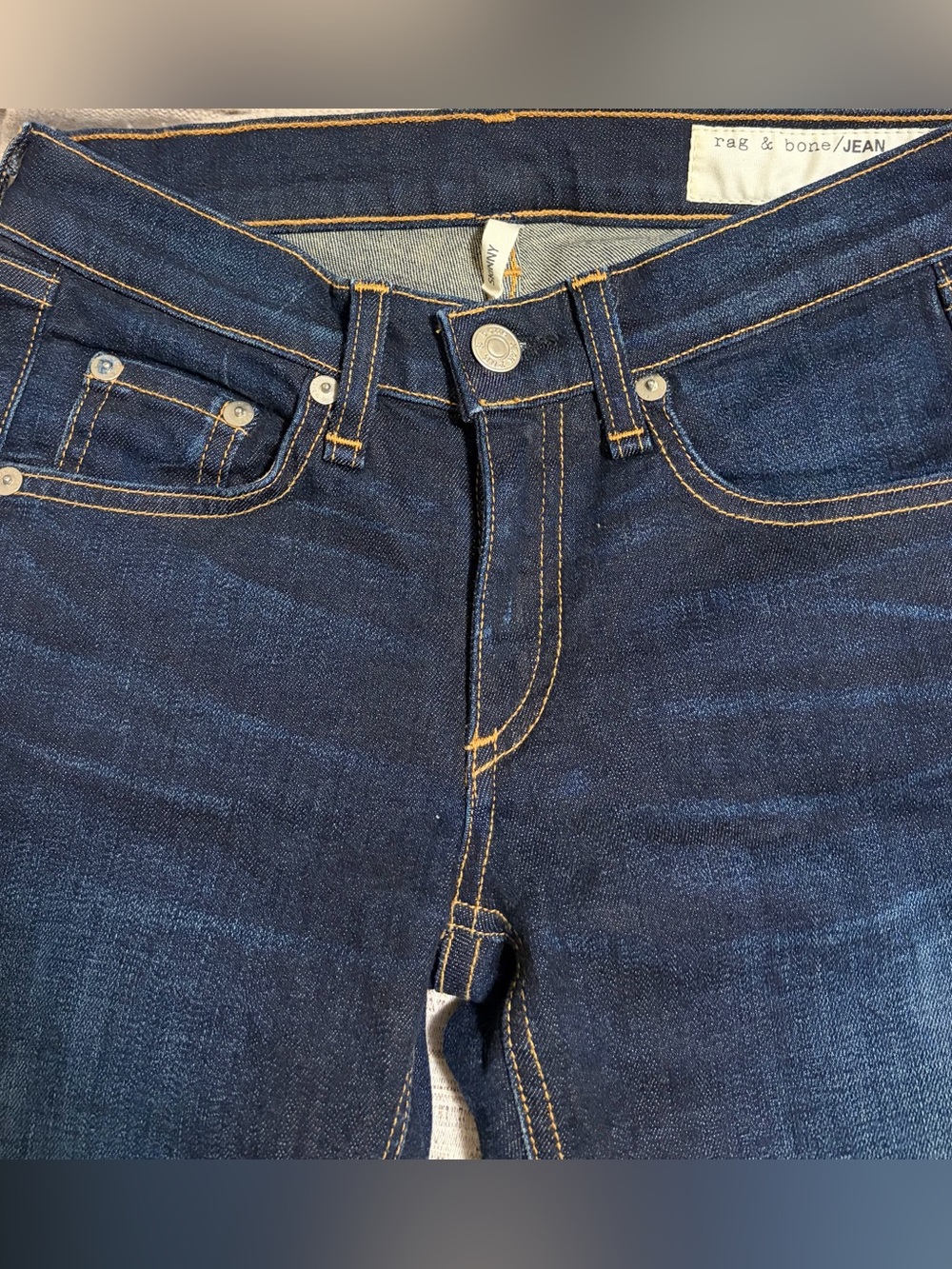 [$260] Rag & Bone Skinny Dark Indigo Orange stitches Ankle Jeans